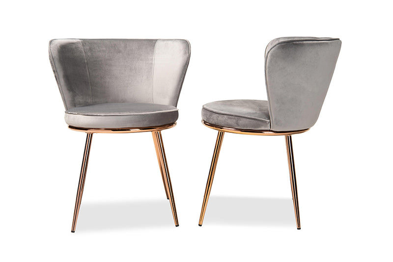 Bowie Modern Luxe and Glam Gray Velvet Fabric Upholstered and Rose Gold Finished Metal 2-Piece Dining Chair Set