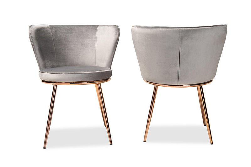 Bowie Modern Luxe and Glam Gray Velvet Fabric Upholstered and Rose Gold Finished Metal 2-Piece Dining Chair Set