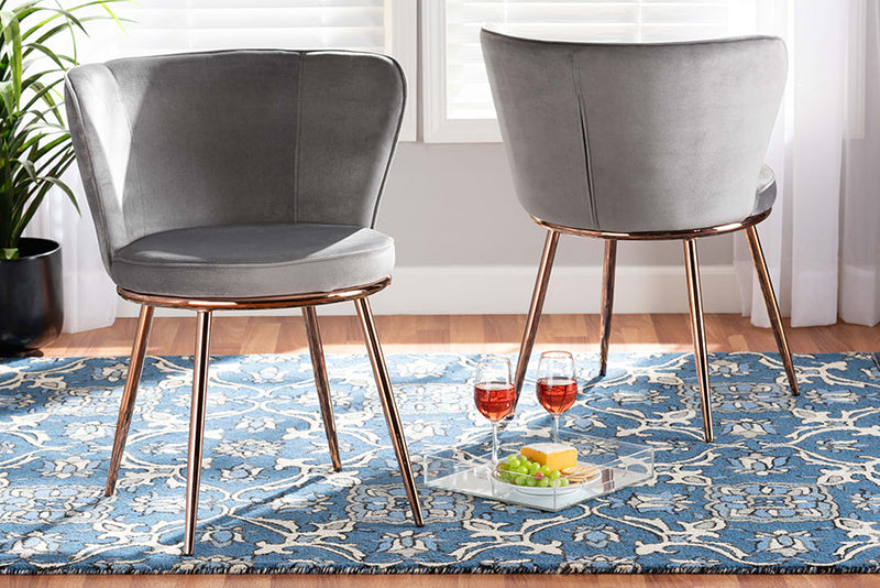 Bowie Gray Velvet Fabric Rose Gold Finished Metal 2Pc Dining Chair Set Baxton
