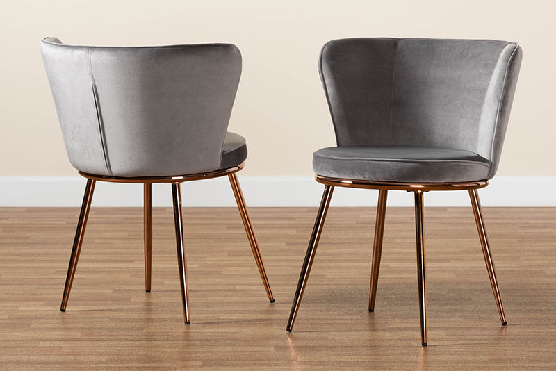 Bowie Modern Luxe and Glam Gray Velvet Fabric Upholstered and Rose Gold Finished Metal 2-Piece Dining Chair Set