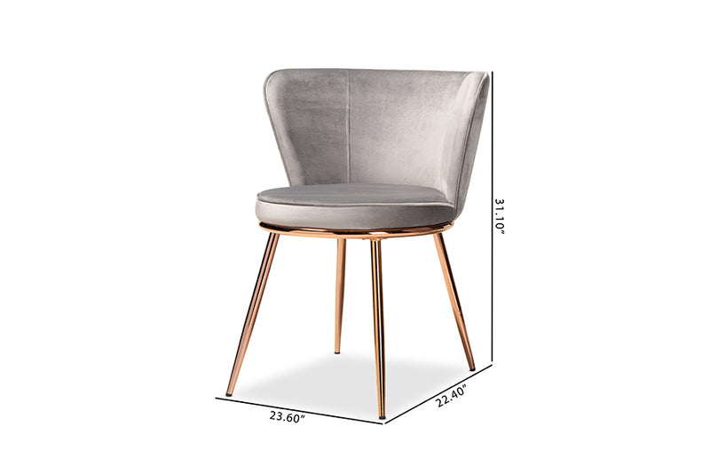 Bowie Modern Luxe and Glam Gray Velvet Fabric Upholstered and Rose Gold Finished Metal 2-Piece Dining Chair Set