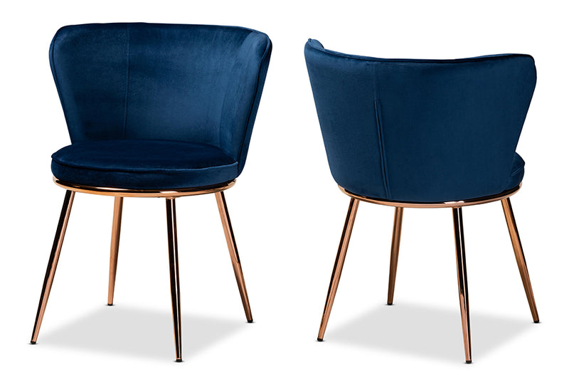 Bowie Modern Luxe and Glam Navy Blue Velvet Fabric Upholstered and Rose Gold Finished Metal 2-Piece Dining Chair Set