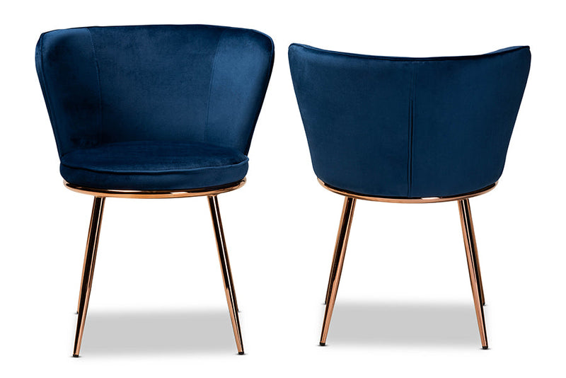 Bowie Navy Blue Velvet Fabric Rose Gold Finished Metal 2Pc Dining Chair Set Baxton
