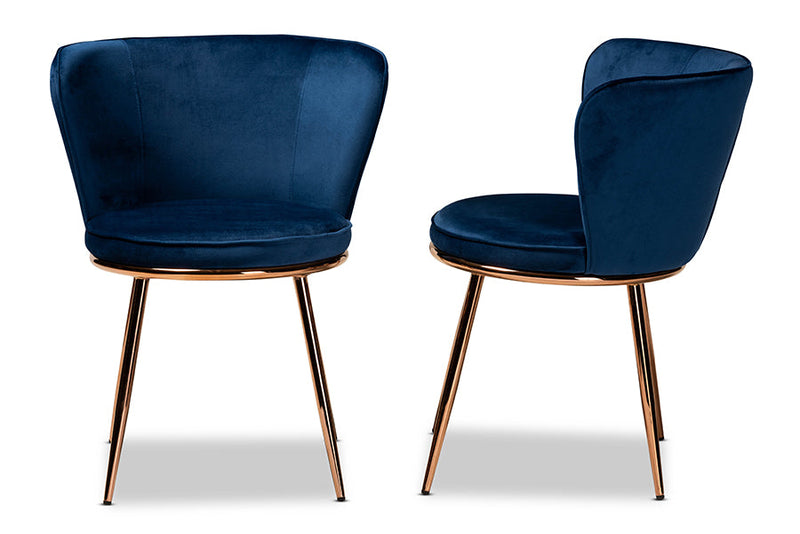 Bowie Navy Blue Velvet Fabric Rose Gold Finished Metal 2Pc Dining Chair Set Baxton