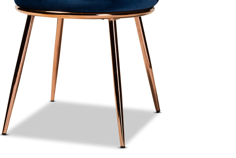 Bowie Navy Blue Velvet Fabric Rose Gold Finished Metal 2Pc Dining Chair Set Baxton