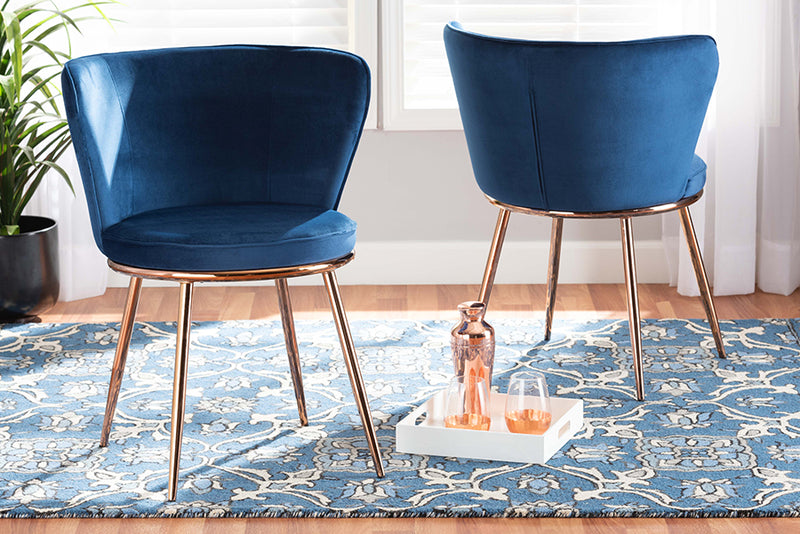 Bowie Modern Luxe and Glam Navy Blue Velvet Fabric Upholstered and Rose Gold Finished Metal 2-Piece Dining Chair Set