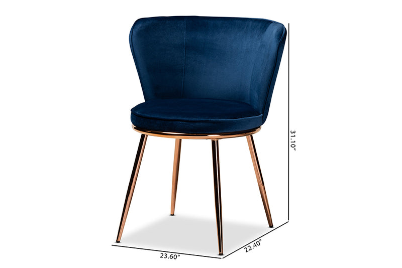 Bowie Modern Luxe and Glam Navy Blue Velvet Fabric Upholstered and Rose Gold Finished Metal 2-Piece Dining Chair Set