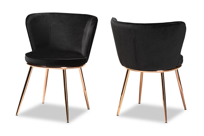 Bowie Black Velvet Fabric Rose Gold Finished Metal 2Pc Dining Chair Set Baxton