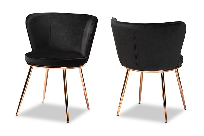 Bowie Modern Luxe and Glam Black Velvet Fabric Upholstered and Rose Gold Finished Metal 2-Piece Dining Chair Set