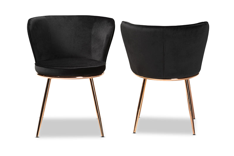 Bowie Modern Luxe and Glam Black Velvet Fabric Upholstered and Rose Gold Finished Metal 2-Piece Dining Chair Set