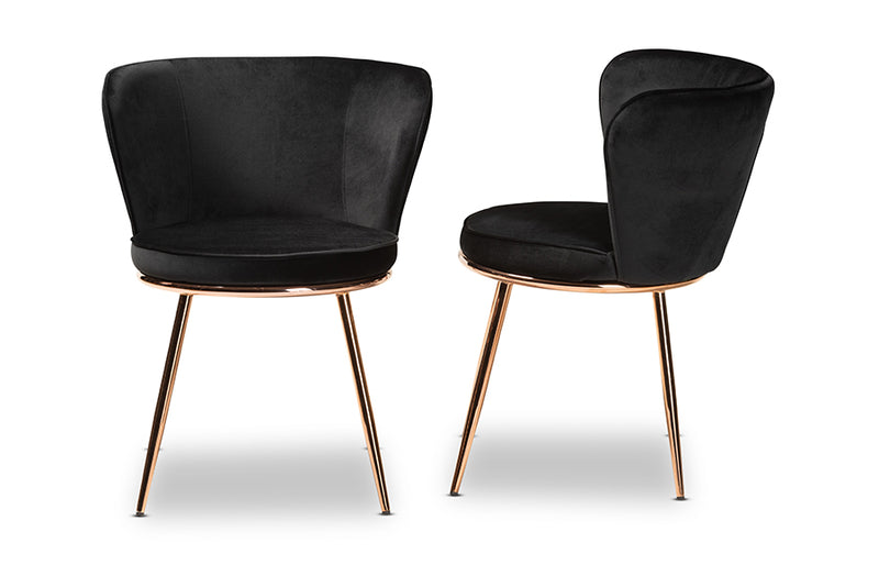 Bowie Modern Luxe and Glam Black Velvet Fabric Upholstered and Rose Gold Finished Metal 2-Piece Dining Chair Set