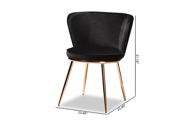 Bowie Modern Luxe and Glam Black Velvet Fabric Upholstered and Rose Gold Finished Metal 2-Piece Dining Chair Set