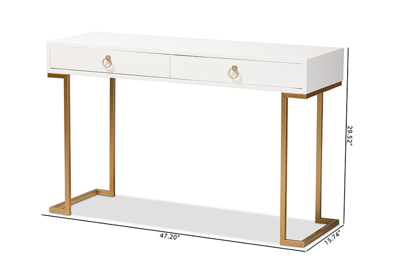 Caitlin Modern and Contemporary White Finished Wood and Gold Metal 2-Drawer Console Table