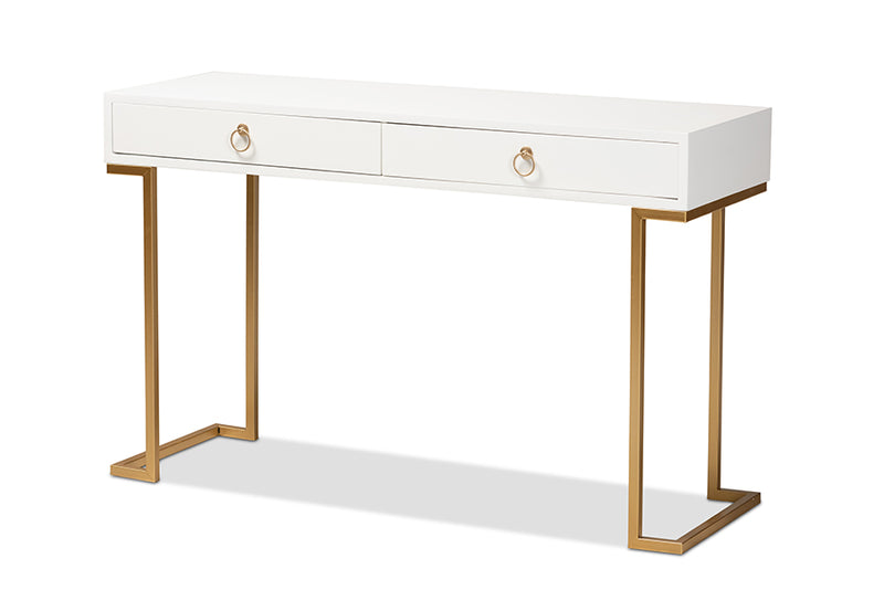 Caitlin Modern and Contemporary White Finished Wood and Gold Metal 2-Drawer Console Table