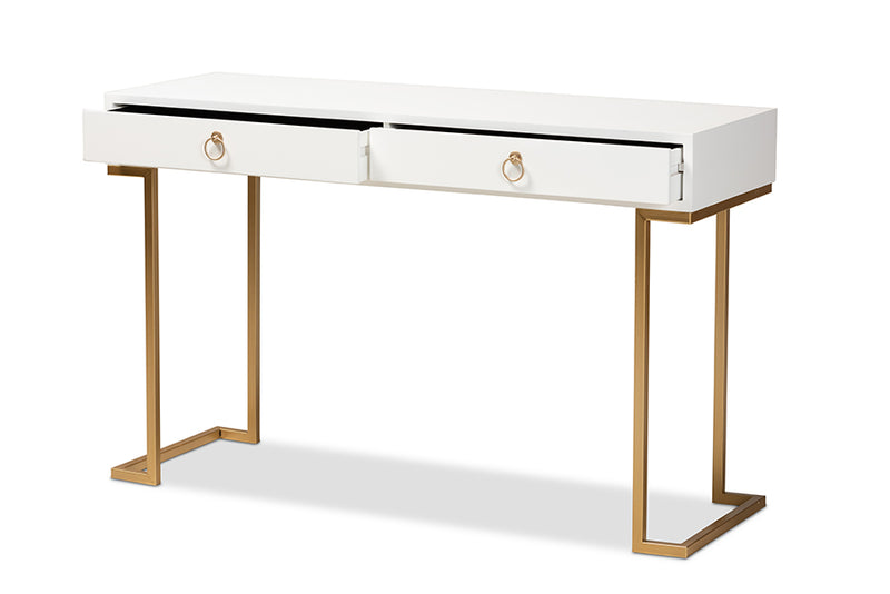 Caitlin Modern and Contemporary White Finished Wood and Gold Metal 2-Drawer Console Table