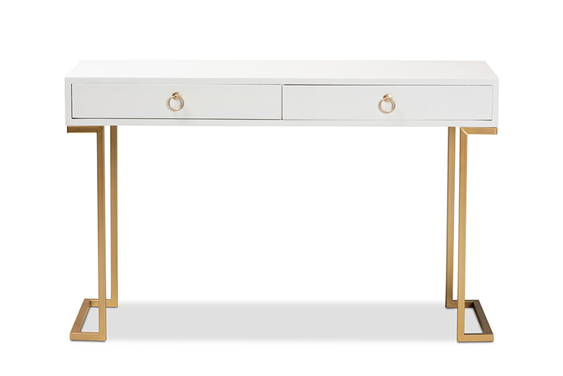 Caitlin Modern and Contemporary White Finished Wood and Gold Metal 2-Drawer Console Table