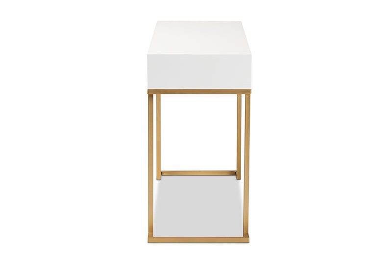 Caitlin Modern and Contemporary White Finished Wood and Gold Metal 2-Drawer Console Table