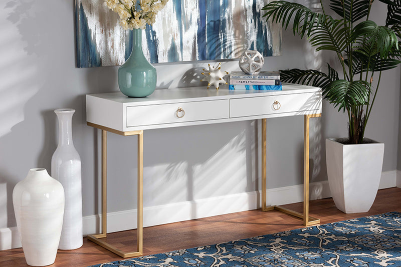 Caitlin Modern and Contemporary White Finished Wood and Gold Metal 2-Drawer Console Table