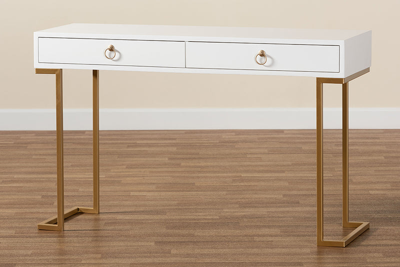 Caitlin Modern and Contemporary White Finished Wood and Gold Metal 2-Drawer Console Table