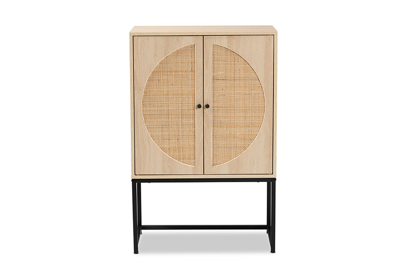 Agni Bohemian Light Brown Finished Wood and Black Metal 2-Door Storage Cabinet w/Natural Rattan