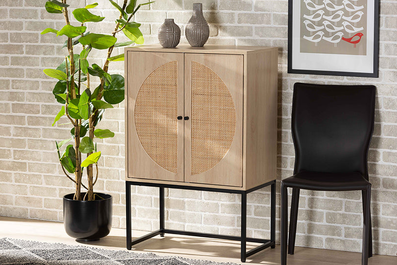 Agni Bohemian Light Brown Finished Wood and Black Metal 2-Door Storage Cabinet w/Natural Rattan