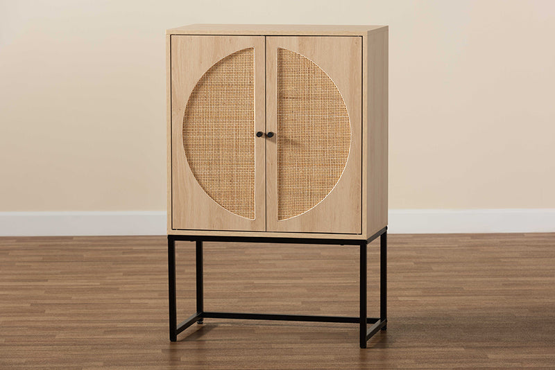 Agni Bohemian Light Brown Finished Wood and Black Metal 2-Door Storage Cabinet w/Natural Rattan