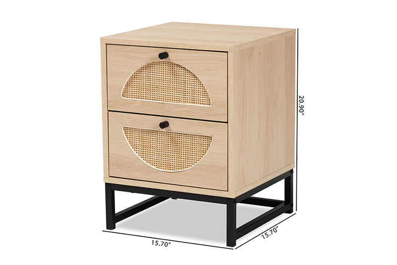 Agni Bohemian Light Brown Finished Wood and Black Metal 2-Drawer End Table w/Natural Rattan