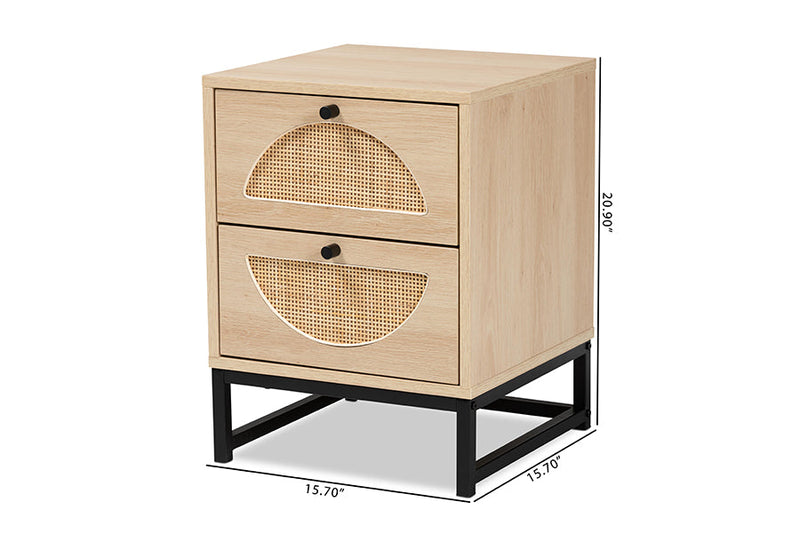 Agni Bohemian Light Brown and Black Metal 2-Drawer End Table w/Natural Rattan Baxton