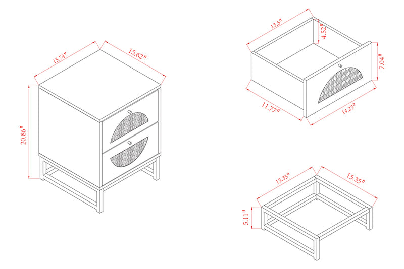 Agni Bohemian Light Brown Finished Wood and Black Metal 2-Drawer End Table w/Natural Rattan