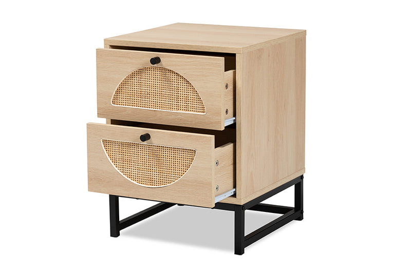 Agni Bohemian Light Brown and Black Metal 2-Drawer End Table w/Natural Rattan Baxton