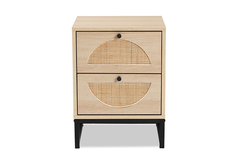 Agni Bohemian Light Brown and Black Metal 2-Drawer End Table w/Natural Rattan Baxton