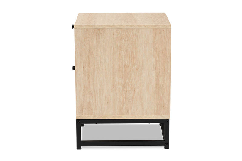 Agni Bohemian Light Brown and Black Metal 2-Drawer End Table w/Natural Rattan Baxton