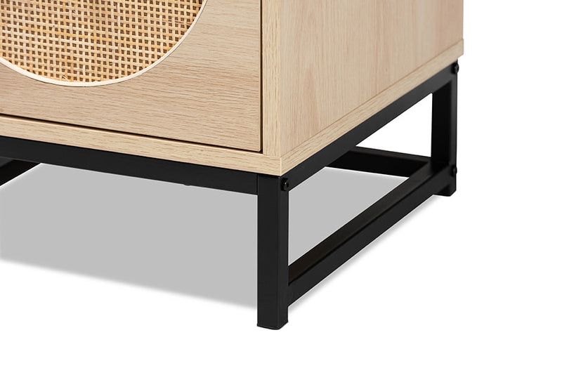 Agni Bohemian Light Brown and Black Metal 2-Drawer End Table w/Natural Rattan Baxton