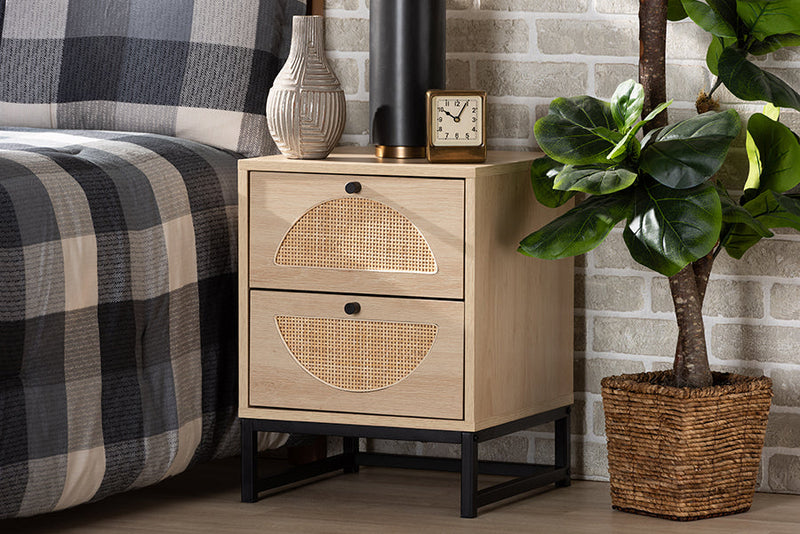 Agni Bohemian Light Brown and Black Metal 2-Drawer End Table w/Natural Rattan Baxton