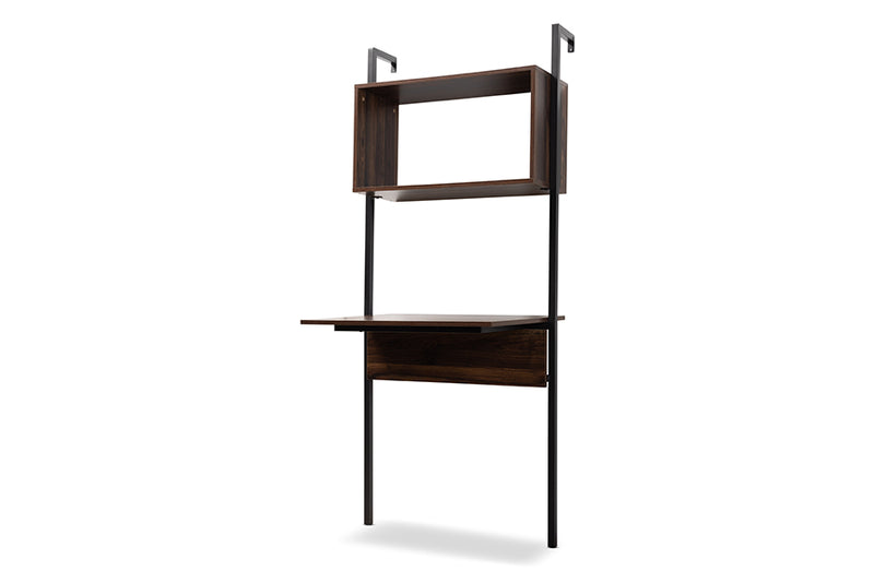 Jacek Modern Industrial Walnut Brown Finished Wood and Black Metal Display Shelf w/Desk