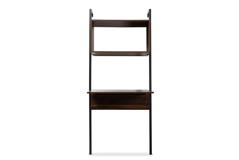 Jacek Modern Industrial Walnut Brown Finished Wood and Black Metal Display Shelf w/Desk