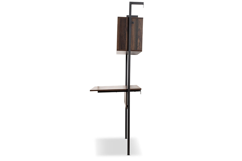 Jacek Modern Industrial Walnut Brown Finished Wood and Black Metal Display Shelf w/Desk