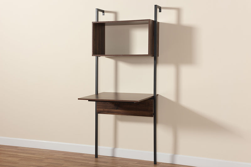 Jacek Modern Industrial Walnut Brown Finished Wood and Black Metal Display Shelf w/Desk