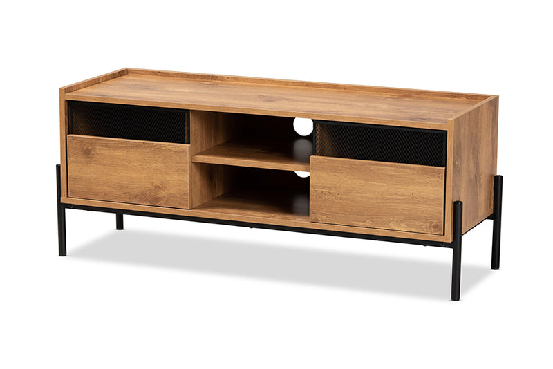 Kalena Modern and Contemporary Industrial Natural Brown Finished Wood and Black Metal 2-Door TV Stand