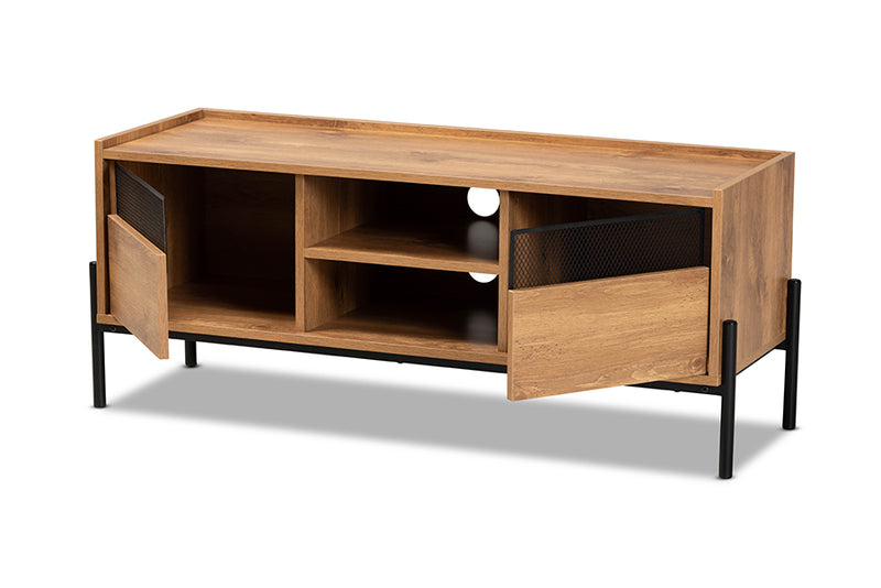 Kalena Modern and Contemporary Industrial Natural Brown Finished Wood and Black Metal 2-Door TV Stand