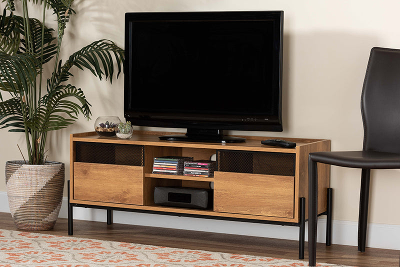 Kalena Modern and Contemporary Industrial Natural Brown Finished Wood and Black Metal 2-Door TV Stand