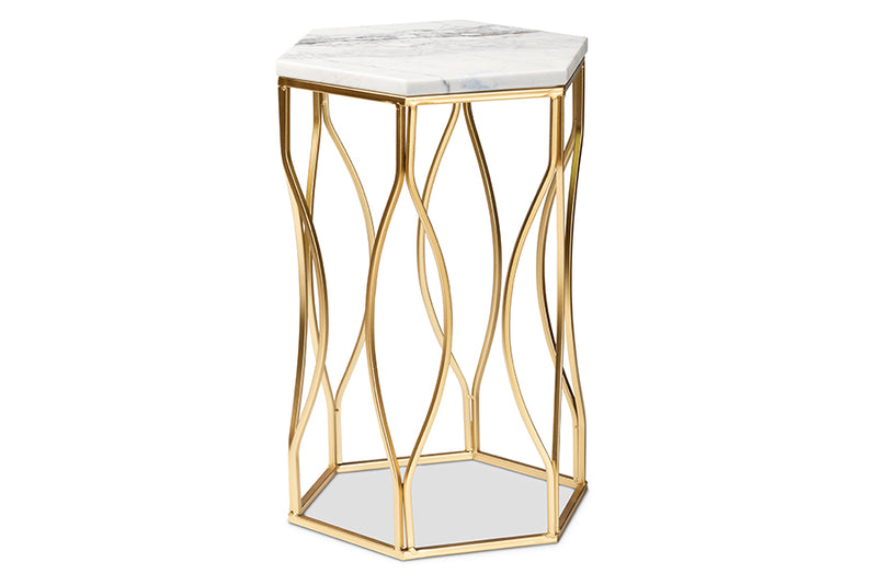 Sussie Modern and Contemporary Gold Metal End Table w/Marble Tabletop