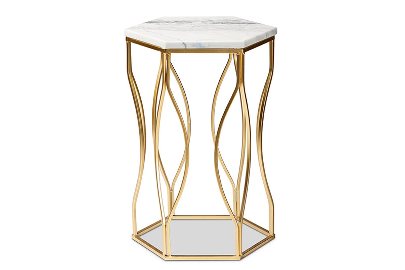 Sussie Modern and Contemporary Gold Metal End Table w/Marble Tabletop