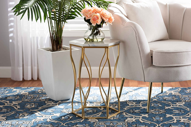 Sussie Modern and Contemporary Gold Metal End Table w/Marble Tabletop