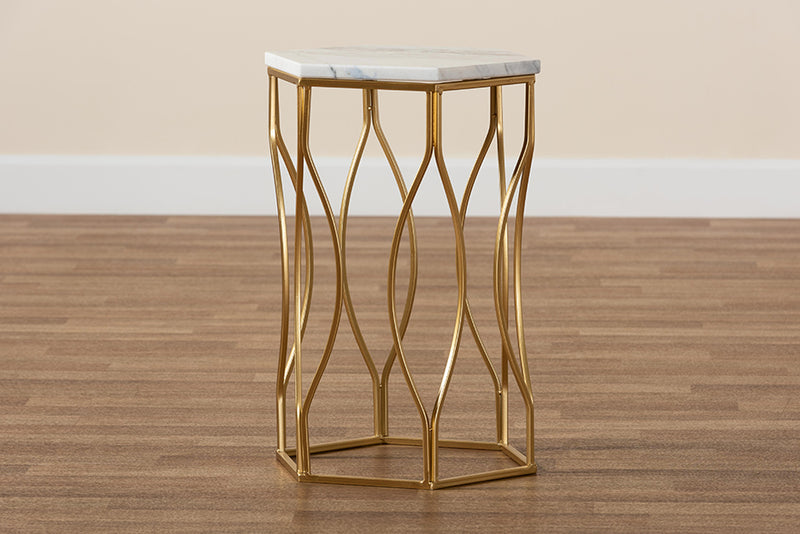 Sussie Modern and Contemporary Gold Metal End Table w/Marble Tabletop