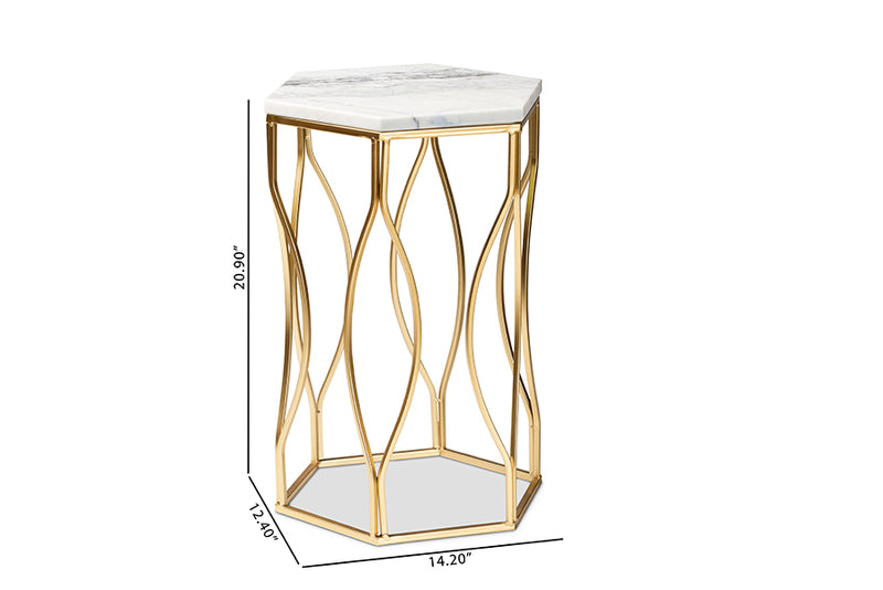 Sussie Modern and Contemporary Gold Metal End Table w/Marble Tabletop