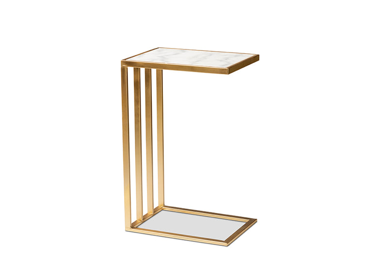 Lombok Modern and Contemporary Gold Finished Metal C Shaped End Table w/Marble Tabletop