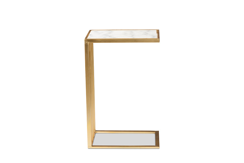 Lombok Modern and Contemporary Gold Finished Metal C Shaped End Table w/Marble Tabletop