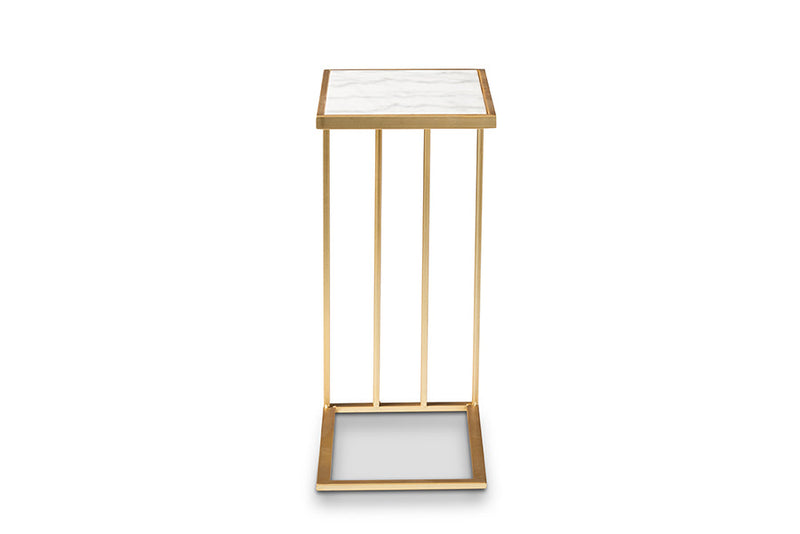 Lombok Gold Finished Metal C Shaped End Table w/Marble Tabletop Baxton