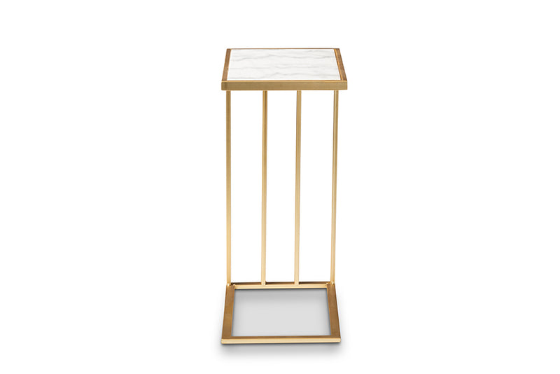 Lombok Modern and Contemporary Gold Finished Metal C Shaped End Table w/Marble Tabletop